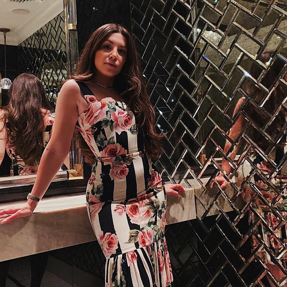Dolce & Gabbana Silk Black & White Stripe Floral Midi Dress Fluted